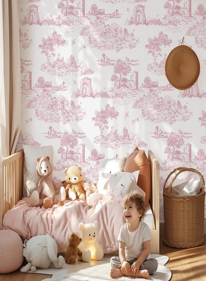 WENMER Pink Toile Peel & Stick Wallpaper for Bedroom, Self-Adhesive White and Pink Vintage French Country Wallpaper for Girls Room, Toile Contact Paper for Cabinet 17.7" X 118" - Image 3